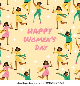 Happy womens day poster design with space for text. Seamless pattern with female characters enjoying dance party isolated on yellow background. Vector illustration in cartoon style.