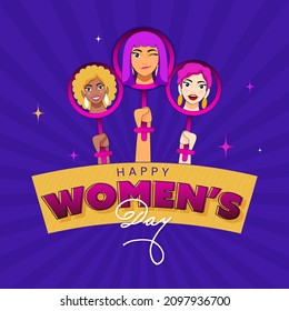 Happy Women's Day Poster Design With Hands Holding Up Female Gender Symbol On Purple Rays Background.