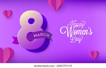 Happy Women's Day Poster Design with Paper Cut 8th March Decor with Heart Shape on Purple Background.