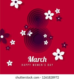 Happy Women's Day poster, greeting card. Invitations with the number 8 in paper cut style with a lovely Background.