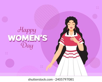 Happy Women's Day Poster or Greeting Card Design with Beautiful Teenage Girl Character Against Abstract Light Magenta Background.