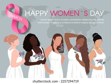 Happy Women's Day poster. Horizontal card with an inscription and diverse women. Flat vector modern illustration.
