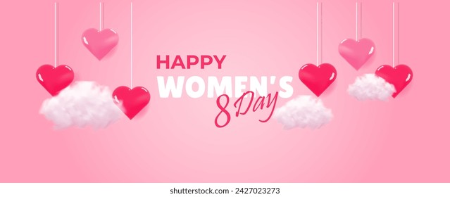 Happy Women's day poster or voucher. Background for sale with realistic cloud and heart. 8 March day store discount promotion. Vector illustration