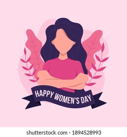 happy women's day poster with woman girl face made with floral abstract shape illustration background vector