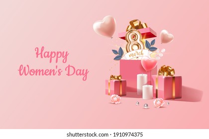 Happy Women's Day. Realistic pink open gift box with foil balloon number, heart shape balloon, flowers, candles. Banner, web poster, flyer, stylish brochure, greeting card, cover. Romantic background - Shutterstock ID 1910974375