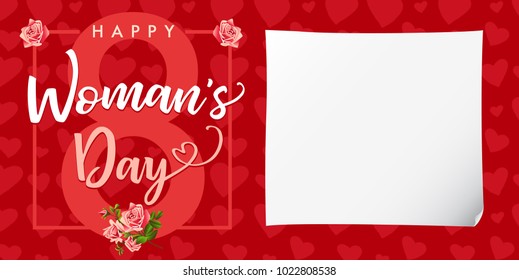 Happy Womens day rose flower and hearts red card. Lettering invitations for the International Women's Day, 8 March with text, roses and heart