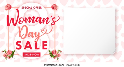 Happy Womens day rose flower Sale banner. Lettering sale banner for the International Womens Day, 8 March with text special offer, shop now, paper and heart