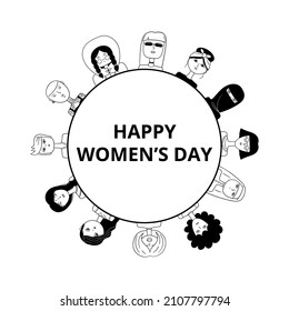 Happy womens day round frame. Multinational womens illustration.