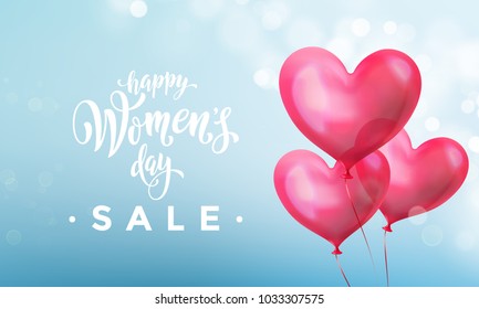 Happy women's day sale banner with ballon heart on romantic blue light bokeh background. Vector 8 March greetings text poster for mother's day sale. International women's day discount flyer template