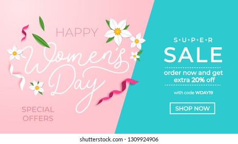 Happy women's day sale banner with greeting card. International women's day promotion.Vector illustration