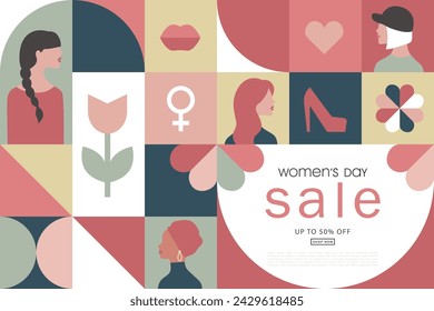 Happy Women's Day Sale, March 8th. Vector illustration for banner, posters, holiday cover . Abstract design with decorative elements. Modern minimalist geometric style.