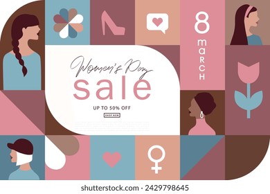 Happy Women's Day Sale, March 8th. Vector illustration for banner, posters, holiday cover . Abstract design with decorative elements. Modern minimalist geometric style.