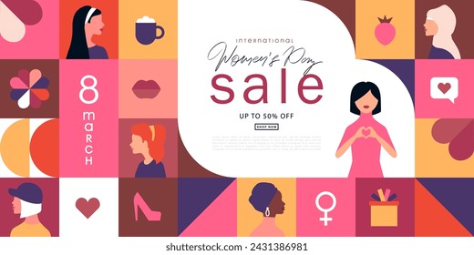 Happy Women's Day Sale, March 8th. Vector illustration for banner, posters, holiday cover . Abstract design with decorative elements. Modern minimalist geometric style.