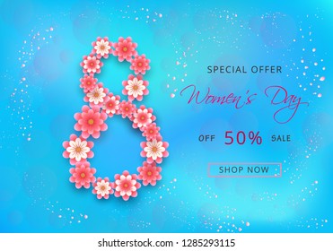 Happy Womens day sale offer card design with pink paper-cut flowers
