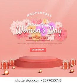 Happy womens day sale with podium, flower, and gift box suitable for banner, greeting card, flyer.