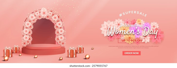 Happy womens day sale with podium, flower, and gift box suitable for banner, greeting card, flyer.