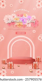 Happy womens day sale with podium, flower, and gift box suitable for banner, greeting card, flyer.