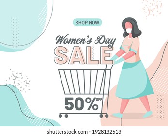 Happy Womens Day Sale Post With Adult Girl Holding Shopping Cart Wearing A Face Mask.