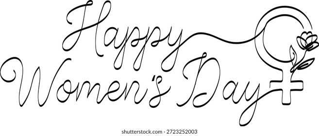Feliz Día de la Mujer Guión Tipografía Símbolo Femenino Línea de Flor Arte
