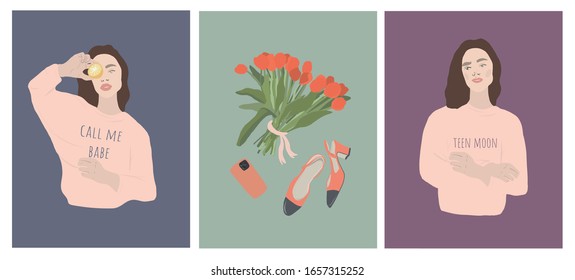 Feliz Día de la Mujer, juego de cartas el 8 de marzo. Chica de moda y cortada vestida con una chaqueta con la inscripción. Bouquet de tulipanes, zapatos, teléfono en una caja. 