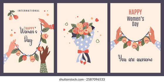 Happy Women's Day. Set of greeting cards March 8. Womens hands of different nationalities holding bunch of flowers. Feminism, women empowerment, gender equality concept. Vector illustration