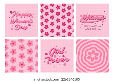 Happy Women's Day. Set groovy cute cards, posters, backgrounds, patterns. Trendy retro slogan, quote in 60s, 70s, 80s style. Retro lettering, pink girly inscription.  Pink colors.