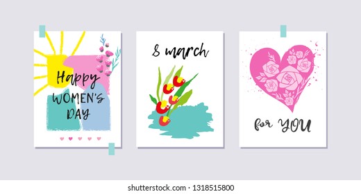 Happy women's day. Set of International Women's day greeting cards. Brush lettering. Hand drawn elements, flowers. Simple style. Collection of 8 march poscards with greeting tags. Hand written text.
