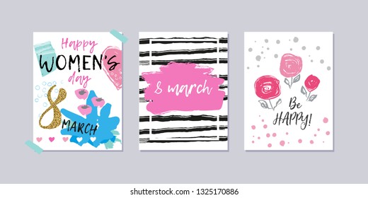 Happy women's day. Set of International Women's day greeting cards. Brush lettering. Hand drawn flowers, stripes. Gold, pink, black, white colors. Collection of 8 march poscards with greeting tags.