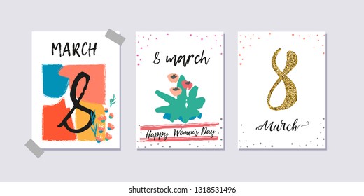Happy women's day. Set of poscards for 8 march with greeting tags. Collection of International Women's day greeting card. Brush lettering. Simple hand drawn elements, flowers. Golden number 8.