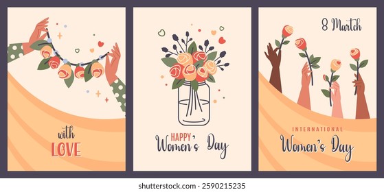 Happy Women's Day. Set of posters March 8. Womens hands of different nationalities holding flowers. Feminism, women empowerment, gender equality concept. Vector illustration