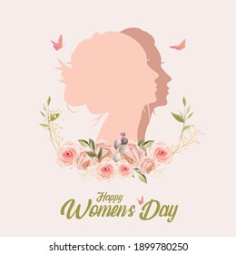 Happy Women's Day! Silhouette of a woman face with flowers petals and leaves. 8 march, Invitation card copy space. vector illustration.