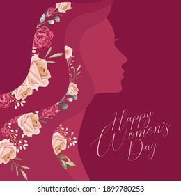 Happy Women's Day! Silhouette of a woman face with flowers petals and leaves. 8 march, Invitation card copy space. vector illustration.