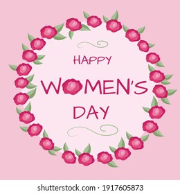 Happy women's day simple vector postcard. Lettering in a frame of roses on a pink background