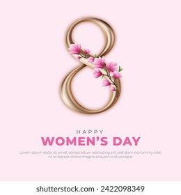 Happy Women's Day Social Media Post and Greeting Card. International Women's Day Celebration 8 March Golden Number and Flowers in Pink Background Vector Illustration