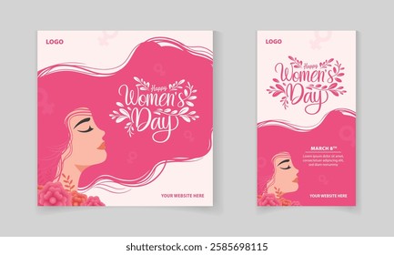 Happy Women's Day Social Media Post Design Template with Young Girl and Colorful Flower vector