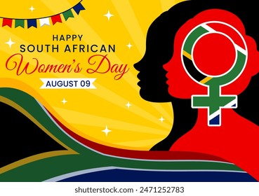 Feliz Día de la Mujer en Sudáfrica Ilustración vectorial de celebración con una mujer de etnia negra y ondeando en un fondo plano nacional de Festiva