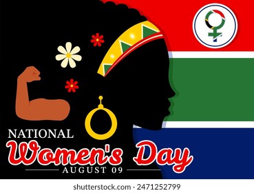 Feliz Día de la Mujer en Sudáfrica Ilustración vectorial de celebración con una mujer de etnia negra y ondeando en un fondo plano nacional de Festiva