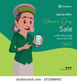 Happy women's day special offer sale banner design. Woman is showing her mobile phone. Vector graphic illustration.