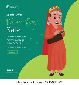 Happy women's day special offer sale banner design. Woman is using her phone. Vector graphic illustration.