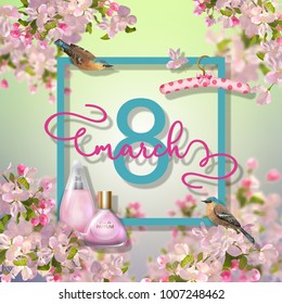 Happy women's day spring vector background. Greeting card on March 8.