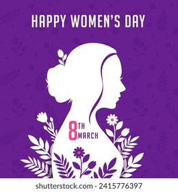 happy women's day square banner illustration with paper cut woman face and floral elements on purple background