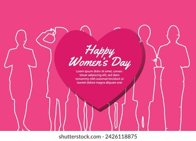 Happy Women's day square design set. March 8 holiday background with diverse female characters and flowers in the shape of a heart and the number 8 symbolizes female love and friendship.