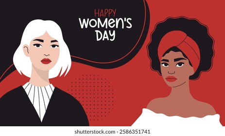 Happy Women's Day. Stylish Cute Diverse Woman. Modern Minimalist Female Portrait. International Holiday March 8 Horizontal Banner. Vector illustration. Celebration and feminism concept