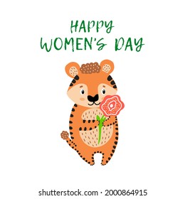 Happy Women's day. The symbol of the new year 2022 is a tiger. Cute tiger with spring flowers. A wild animal for printing on children's clothing. Baby shower. Doodle style. Hand-drawn.