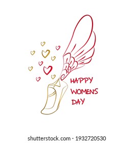 Happy women's day template with shoes and wings icon for symbol of freedom