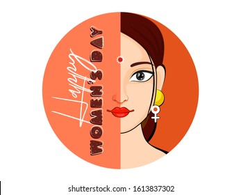 Happy Women's Day Text with Beautiful Indian Woman Face on Orange and White Background.