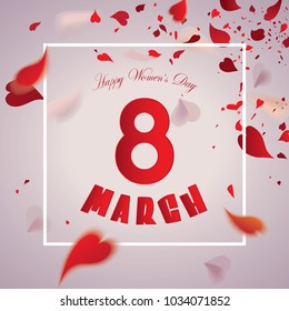 Happy Women's Day text in the cover with falling romantic red hearty petals of flowers or abstract bokeh transparent red heart shaped confetti isolated on light background. Vector illustration.