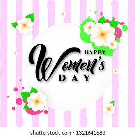 Happy Womens day text design with spring flowers on striped background. Vector illustration. As flyer, banner, poster, fashion background. poster, cards banner