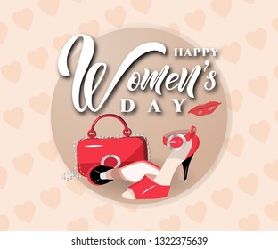 Happy Womens day text design with bag, shoes, lips on pink background with hearts. Vector illustration. As flyer, banner, poster, fashion background. poster, card, banner