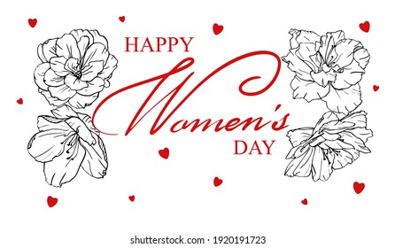 Happy Women's Day text design with flowers and red hearts. Vector illustration. Calligraphic text hand drawn. Lettering typography poster. Template for a poster, cards, banner.